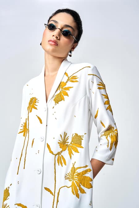 Shop_Shahin Mannan_Ivory Crepe Beads, Applique Shawl Neck Dainty Leaves Straight Dress _Online_at_Aza_Fashions