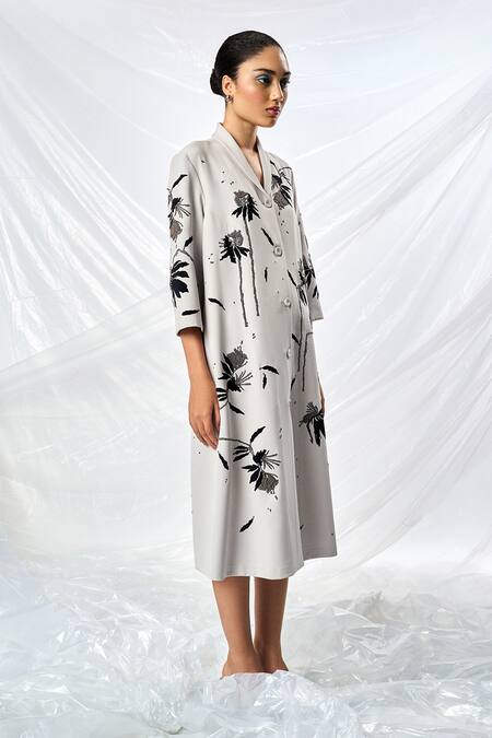 Buy_Shahin Mannan_Grey Crepe Applique, Beads Collared Dainty Leaves Dress _Online_at_Aza_Fashions