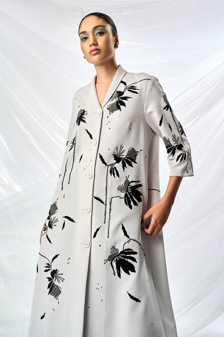 Shop_Shahin Mannan_Grey Crepe Applique, Beads Collared Dainty Leaves Dress _Online_at_Aza_Fashions