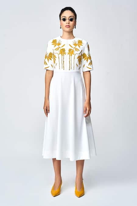 Shahin Mannan Ivory Japanese Crepe Embroidered Bead Round Dainty Leaves A-line Applique Dress 