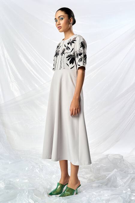 Shahin Mannan_Grey Crepe Applique, Beads Round Neck Dainty Leaves A-line Dress _Online_at_Aza_Fashions