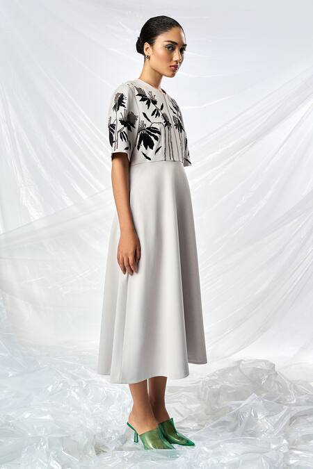 Buy_Shahin Mannan_Grey Crepe Applique, Beads Round Neck Dainty Leaves A-line Dress _Online_at_Aza_Fashions