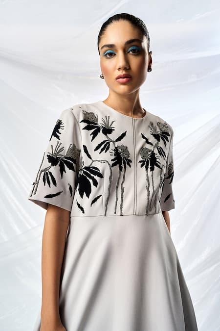 Shop_Shahin Mannan_Grey Crepe Applique, Beads Round Neck Dainty Leaves A-line Dress _Online_at_Aza_Fashions