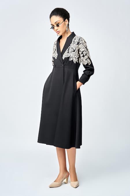 Shahin Mannan Black Double Crepe Embroidered Leaves Lapel Delicate Overlapping Dress 