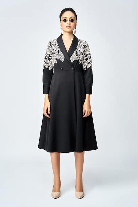 Shahin Mannan_Black Crepe Beads Collared Delicate Leaves Embroidered Overlapping Dress _Online_at_Aza_Fashions