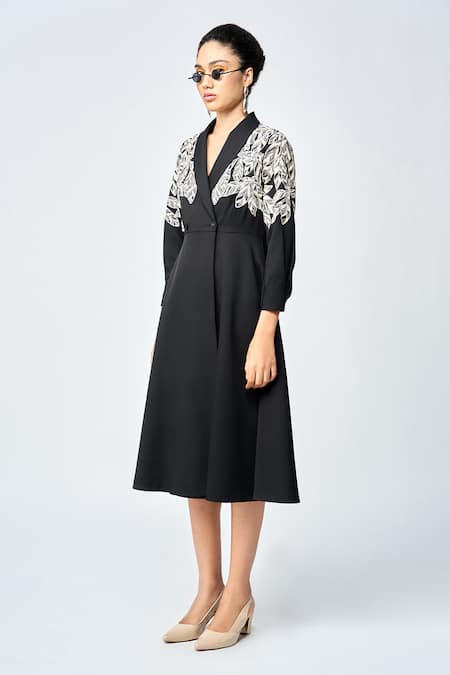 Buy_Shahin Mannan_Black Crepe Beads Collared Delicate Leaves Embroidered Overlapping Dress _Online_at_Aza_Fashions