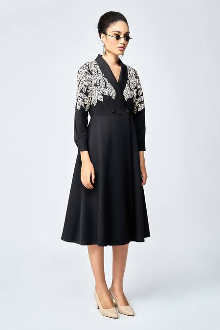 Shop_Shahin Mannan_Black Crepe Beads Collared Delicate Leaves Embroidered Overlapping Dress _Online_at_Aza_Fashions