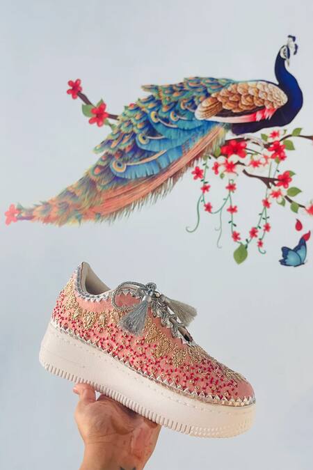 Shiveen Shiveen Pink Zardozi Embroidered Sneaker Wedges Online at Aza Fashions Shiveen Shiveen_Pink Zardozi Embroidered Sneaker Wedges _Online_at_Aza_Fashions