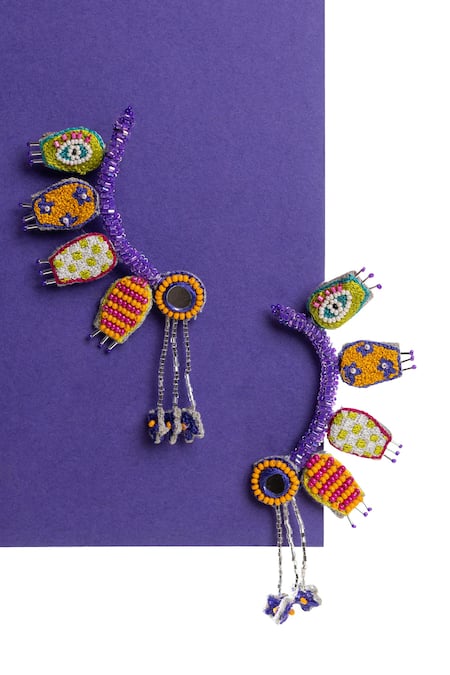 Shop_Krutiarts_Purple Beads Boh Embellished Handcrafted Earrings _at_Aza_Fashions