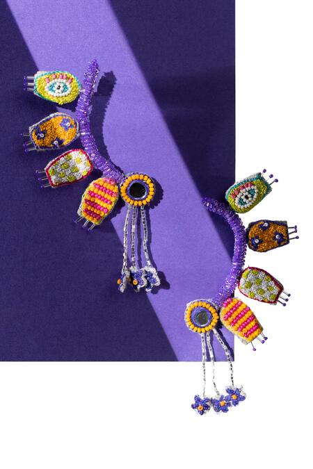 Krutiarts_Purple Beads Boh Embellished Handcrafted Earrings _Online_at_Aza_Fashions