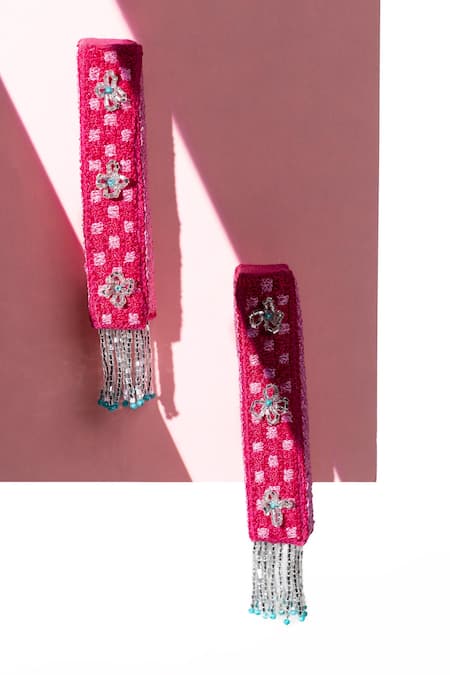 Shop Krutiarts Pink Beads Ahia Floral Embellished Earrings at Aza Fashions Shop_Krutiarts_Pink Beads Ahia Floral Embellished Earrings _at_Aza_Fashions