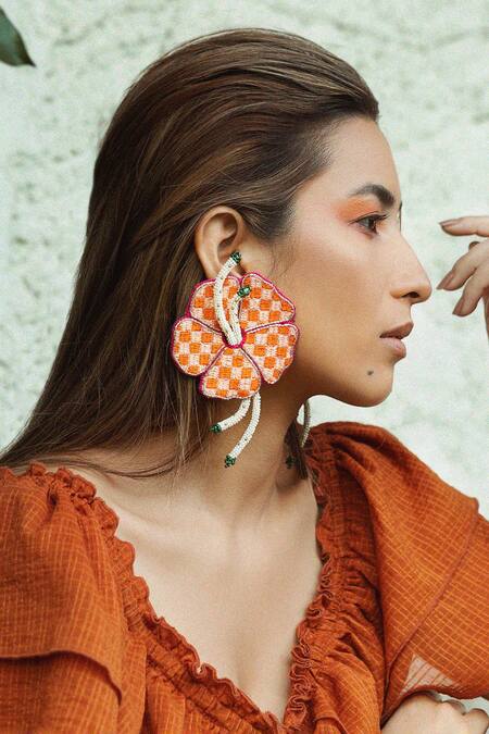 Shop_Krutiarts_Peach Beads Guai Floral Embellished Earrings _at_Aza_Fashions