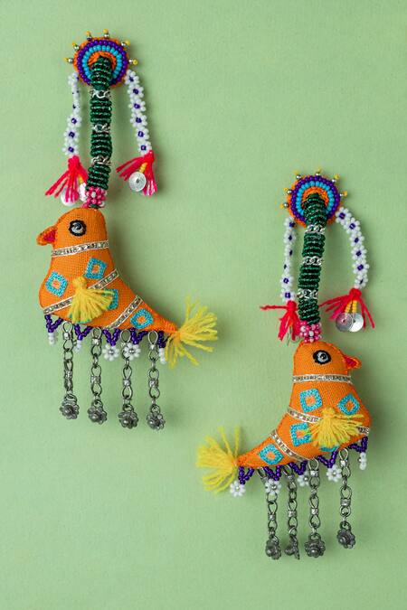 Shop_Krutiarts_Orange Beads, Metallic Thread Fafa Sparrow Embellished Earrings _at_Aza_Fashions