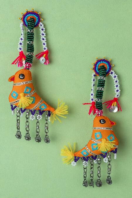 Krutiarts_Orange Beads, Metallic Thread Fafa Sparrow Embellished Earrings _Online_at_Aza_Fashions