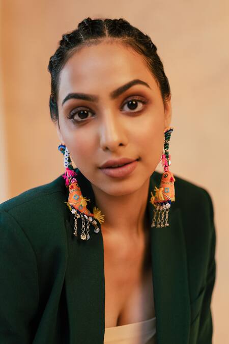 Buy_Krutiarts_Orange Beads, Metallic Thread Fafa Sparrow Embellished Earrings _Online_at_Aza_Fashions