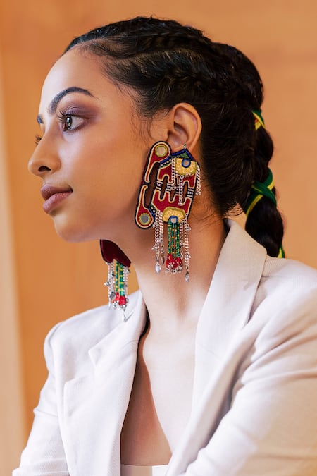 Krutiarts Red Studs Topa Elephant Oxidised Metal Hanging Earrings 