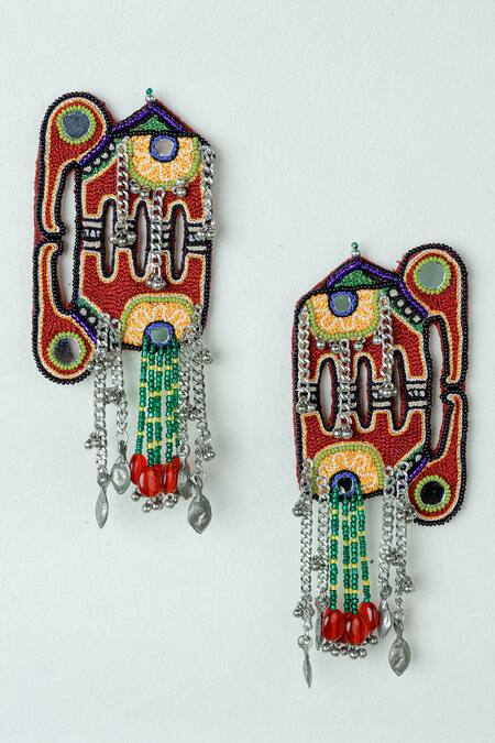 Krutiarts_Red Studs Topa Elephant Oxidised Metal Hanging Earrings _Online_at_Aza_Fashions