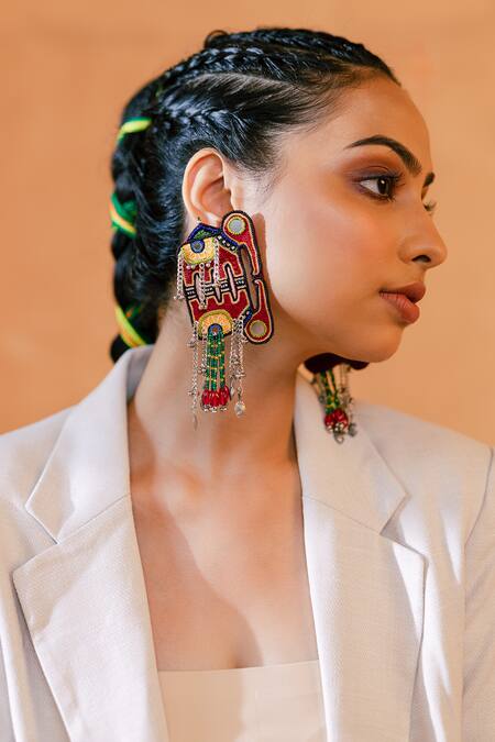 Buy_Krutiarts_Red Studs Topa Elephant Oxidised Metal Hanging Earrings _Online_at_Aza_Fashions