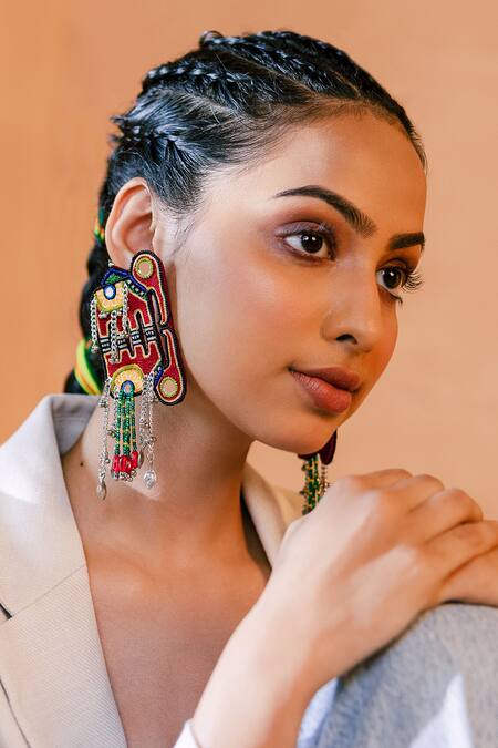 Shop_Krutiarts_Red Studs Topa Elephant Oxidised Metal Hanging Earrings _Online_at_Aza_Fashions