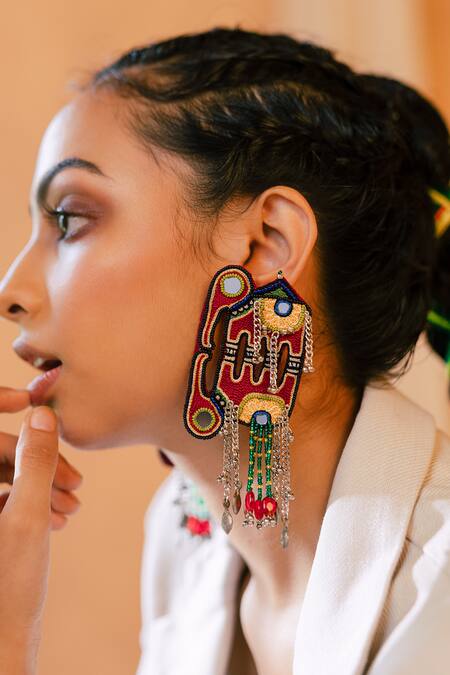 Krutiarts_Red Studs Topa Elephant Oxidised Metal Hanging Earrings _at_Aza_Fashions