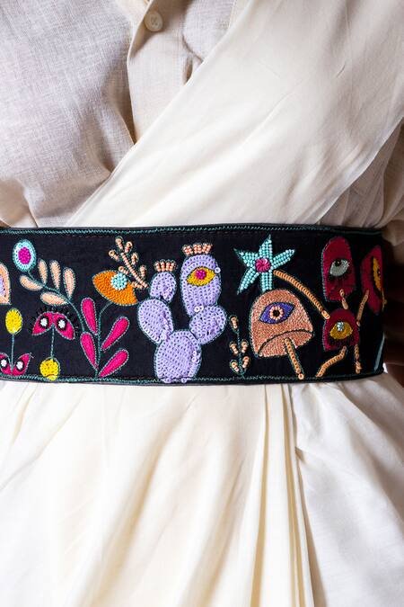 Krutiarts_Black Embellished Tambola Evil Eye Embroidered Belt- Single Pc _at_Aza_Fashions