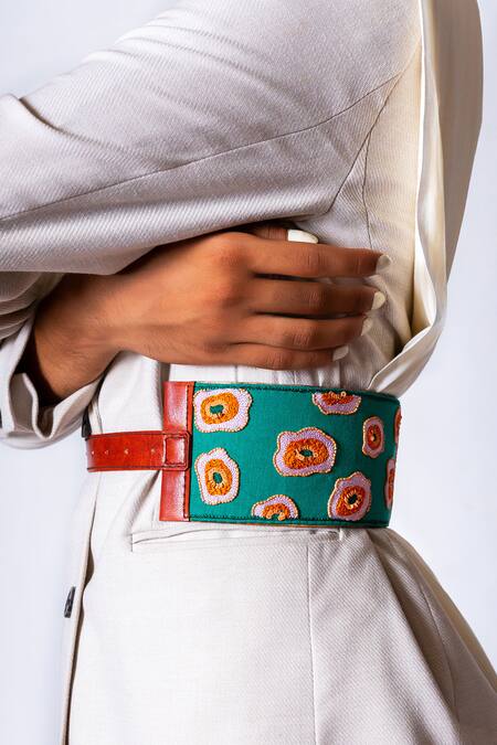 Krutiarts_Green Embroidery, Sequins, Beads Marbles Abstract Floral Belt- Single Pc _Online_at_Aza_Fashions