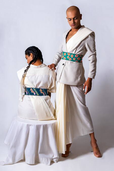 Krutiarts_Green Embroidery, Sequins, Beads Marbles Abstract Floral Belt- Single Pc _at_Aza_Fashions