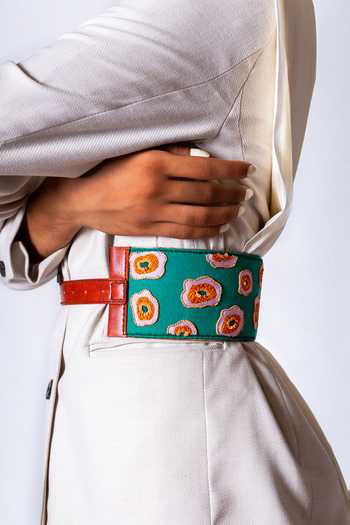 Buy_Krutiarts_Green Embroidery, Sequins, Beads Marbles Floral Abstract Belt- Single Pc _Online_at_Aza_Fashions
