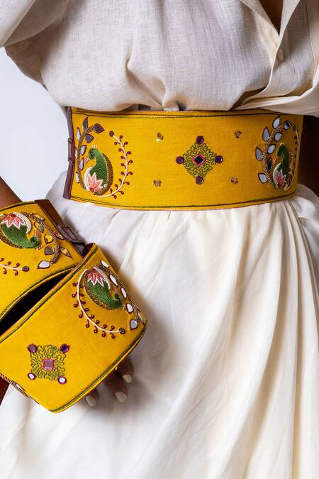 Krutiarts_Yellow Embellished Pictionary Peacock Embroidered Belt- Single Pc _at_Aza_Fashions