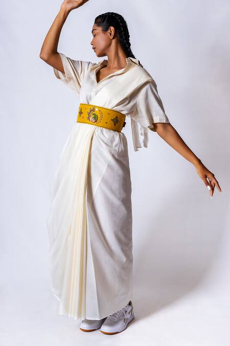 Krutiarts_Yellow Embroidery, Sequins, Beads Pictionary Peacock Thread Belt- Single Pc _Online_at_Aza_Fashions