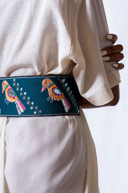 Krutiarts_Blue Embellished Crossword Sparrow Embroidered Belt- Single Pc _at_Aza_Fashions
