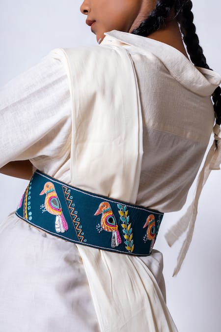 Krutiarts_Blue Embellished Crossword Sparrow Thread Embroidered Belt- Single Pc _Online_at_Aza_Fashions