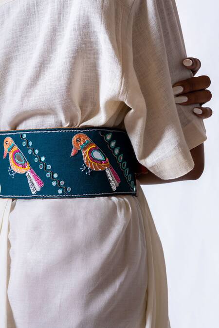 Shop_Krutiarts_Blue Embellished Crossword Sparrow Thread Embroidered Belt- Single Pc _Online_at_Aza_Fashions