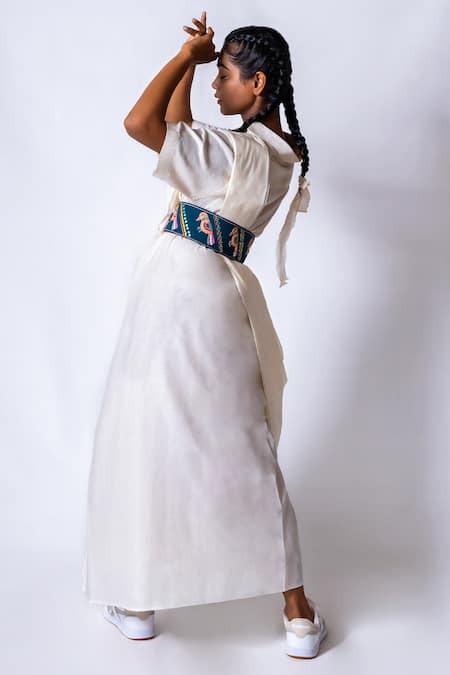 Krutiarts_Blue Embellished Crossword Sparrow Thread Embroidered Belt- Single Pc _at_Aza_Fashions