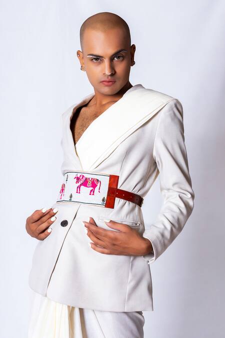 Krutiarts_White Embroidery, Beads, Mirrors Sudoku Cow Belt- Single Pc _Online_at_Aza_Fashions