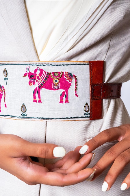 Krutiarts_White Embroidery, Beads, Mirrors Sudoku Cow Belt- Single Pc _at_Aza_Fashions