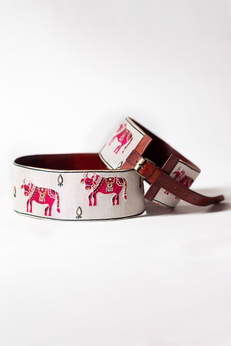 Shop_Krutiarts_White Embellished Sudoku Cow Thread Embroidered Belt- Single Pc _at_Aza_Fashions