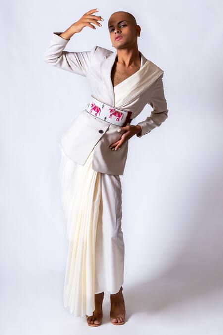 Krutiarts_White Embellished Sudoku Cow Thread Embroidered Belt- Single Pc _Online_at_Aza_Fashions