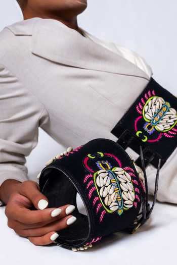 Shop_Krutiarts_Black Embroidery, Beads Tic-tac-toe Crab Belt- Single Pc _Online_at_Aza_Fashions