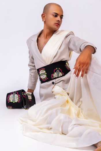 Krutiarts_Black Embroidery, Beads Tic-tac-toe Crab Belt- Single Pc _at_Aza_Fashions