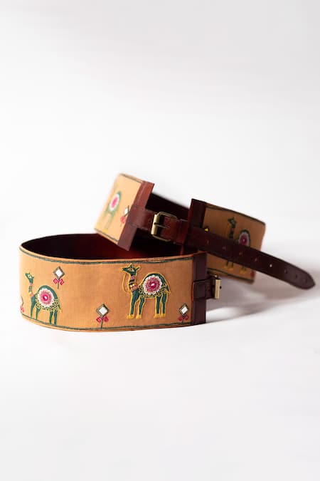 Shop Krutiarts Brown Embellished Candyman Camel Thread Embroidered Belt- Single Pc at Aza Fashions Shop_Krutiarts_Brown Embellished Candyman Camel Thread Embroidered Belt- Single Pc _at_Aza_Fashions