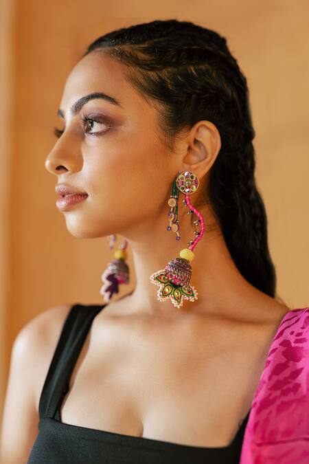 Shop_Krutiarts_Multi Color Embroidery Haaiissh Earrings _Online_at_Aza_Fashions
