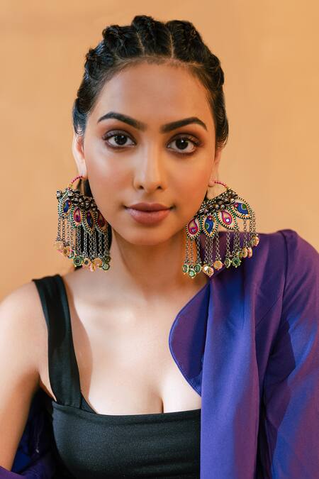 Krutiarts_Cream Embroidery, Mirrors Oh Taari Statement Earrings _Online_at_Aza_Fashions