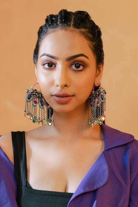 Buy_Krutiarts_Cream Embroidery, Mirrors Oh Taari Statement Earrings _Online_at_Aza_Fashions
