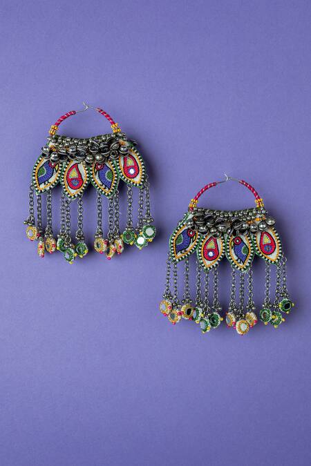 Shop_Krutiarts_Cream Embroidery, Mirrors Oh Taari Statement Earrings _Online_at_Aza_Fashions