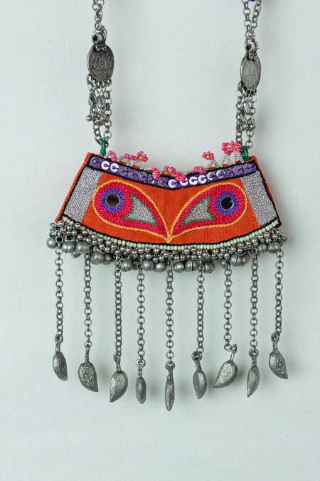 Buy_Krutiarts_Orange Jokham Embroidered Boho Necklace _Online_at_Aza_Fashions