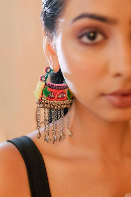 Krutiarts_Orange Embroidery Aapne Ketla Earrings _at_Aza_Fashions