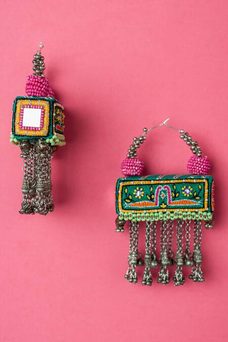 Krutiarts_Green Embroidery, Beads Dagu Earrings _Online_at_Aza_Fashions