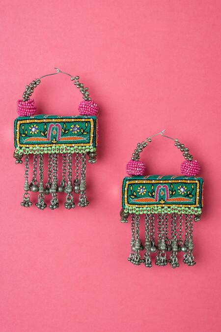 Buy_Krutiarts_Green Embroidery, Beads Dagu Earrings _Online_at_Aza_Fashions