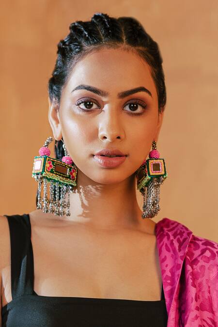 Shop_Krutiarts_Green Embroidery, Beads Dagu Earrings _Online_at_Aza_Fashions